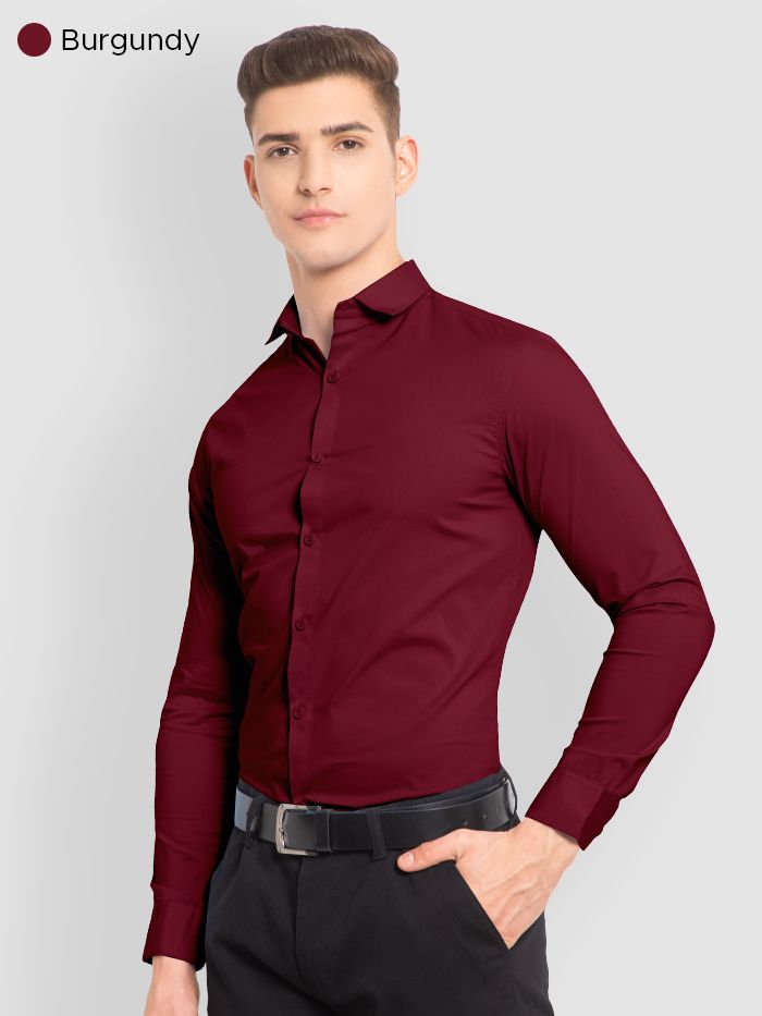 Pack of 2 - Plain Cotton Solid Shirts Combo (Blue,Burgundy)