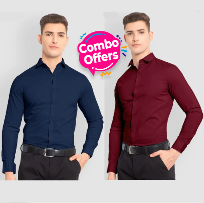 Pack of 2 - Plain Cotton Solid Shirts Combo (Blue,Burgundy)